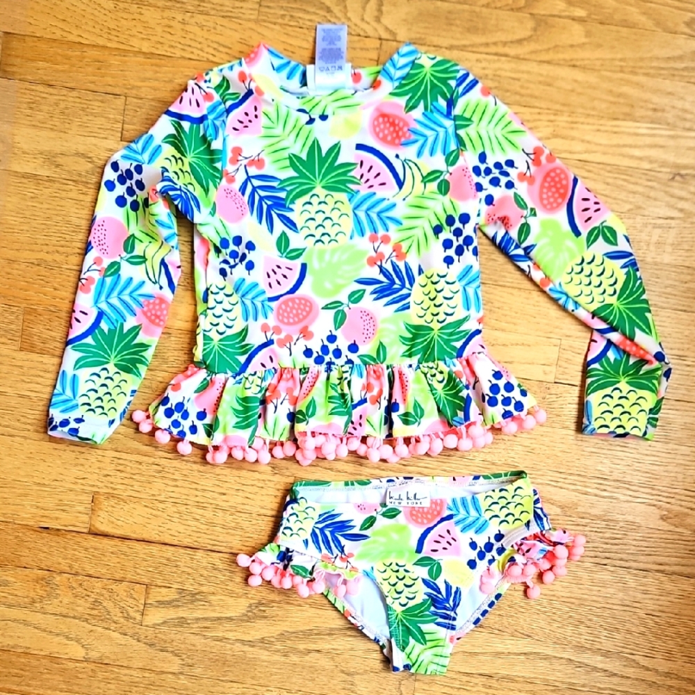 Nicole Miller Ruffle Butts Tropical Print Kids Rashguard Swim Set